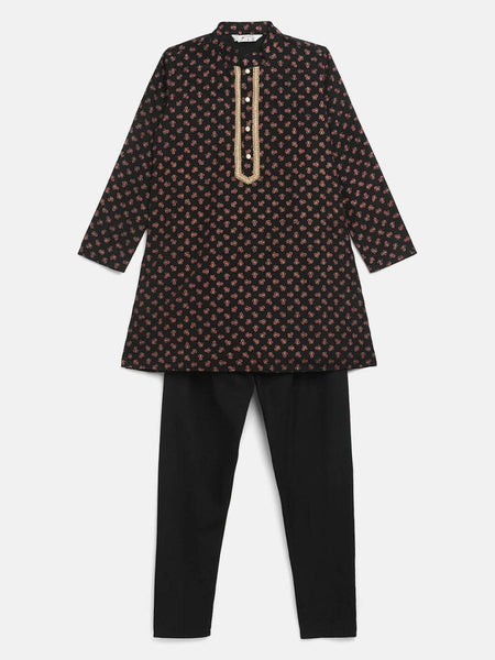 Ahalyaa Black Crepe Gold Pigment Print Kids Kurta Churidar Set For Boys
