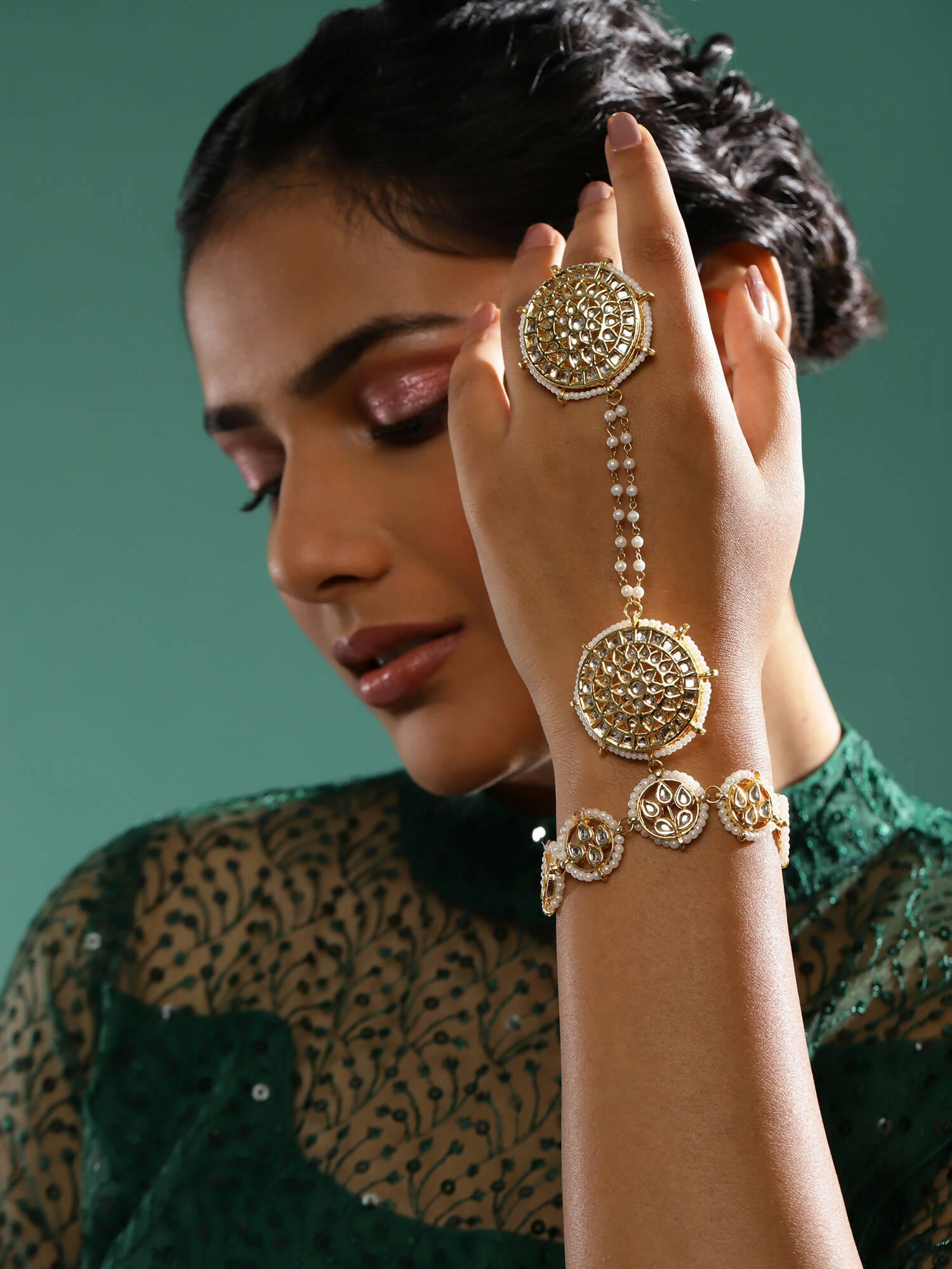 Women's Gold-Toned White Brass Kundan Gold-Plated Charm Bracelet - Ruby Raang - Distacart