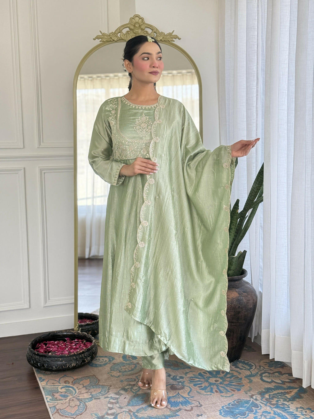 The52 Pista Women's Gorgeous Embroidered Vichitra Silk Fabric Flared Kurta Pant with Dupatta Set - Distacart