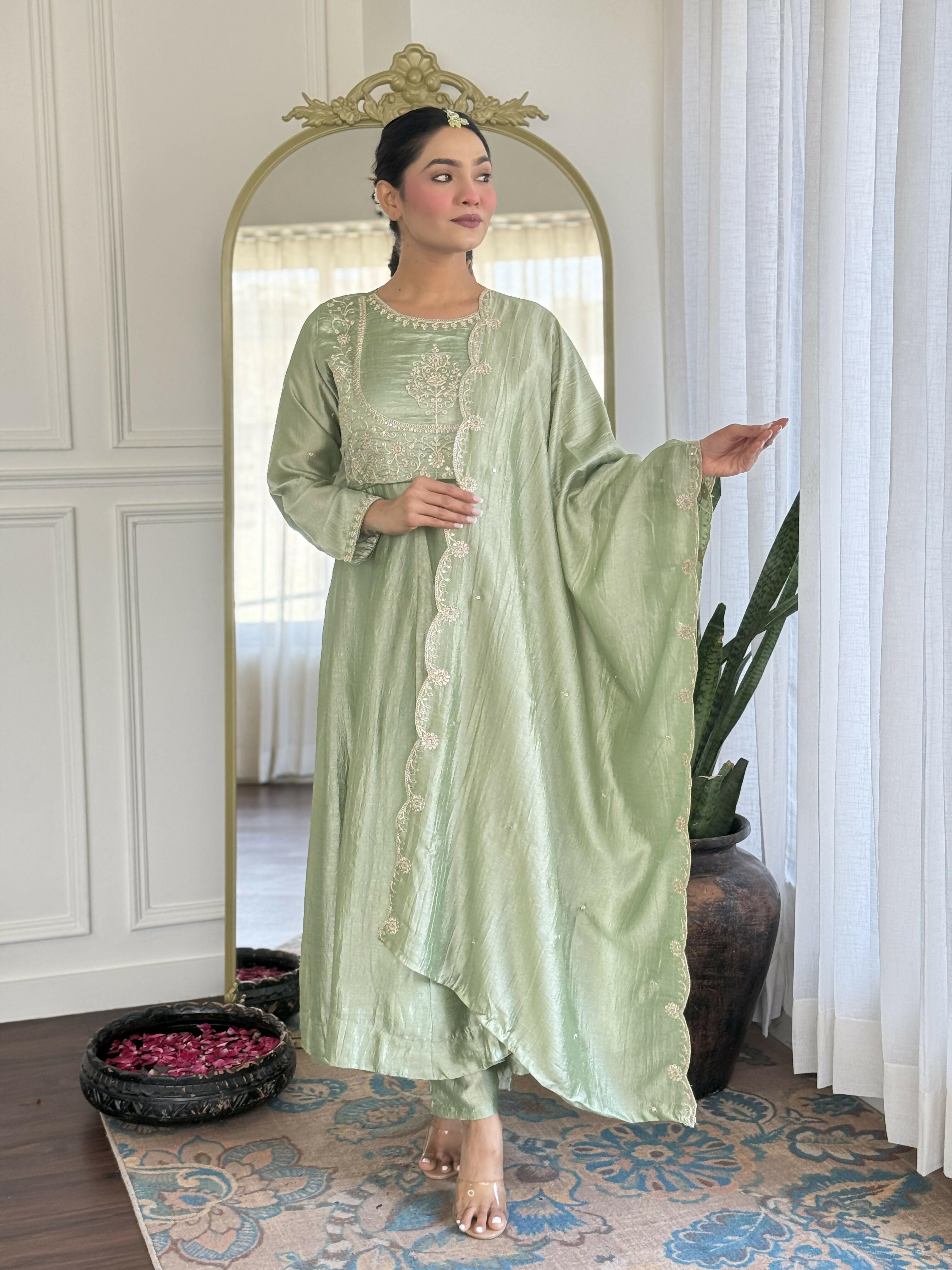 The52 Pista Women's Gorgeous Embroidered Vichitra Silk Fabric Flared Kurta Pant with Dupatta Set - Distacart