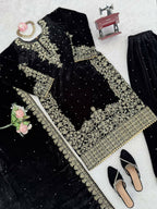Vastranavya Black Viscose Velvet Cording Sequence With Moti Work Top-Bottom With Dupatta - Distacart