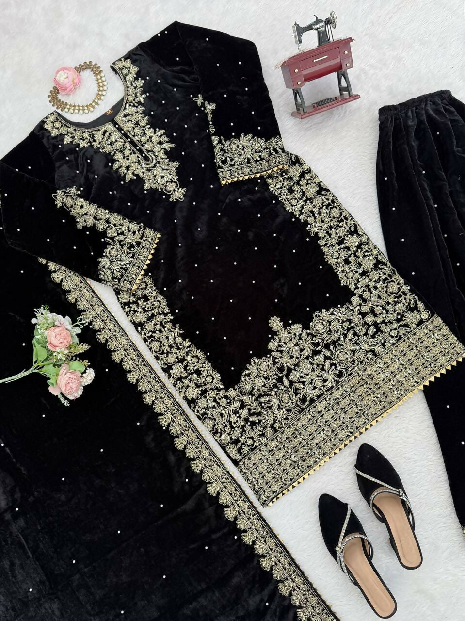 Vastranavya Black Viscose Velvet Cording Sequence With Moti Work Top-Bottom With Dupatta - Distacart