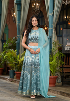 Juniper Women's Aqua Ethnic Motif Printed Lehenga Set With Sequins & Gota Patti