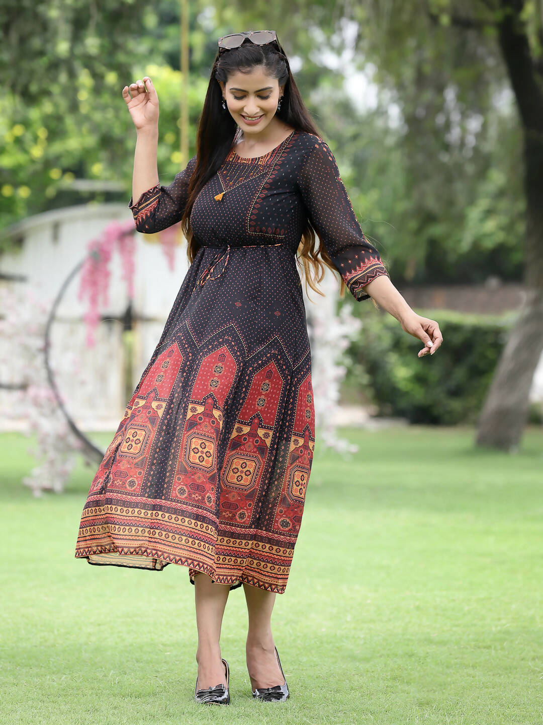 Juniper Black Georgette Festive Printed A-Line Dress For Women - Distacart