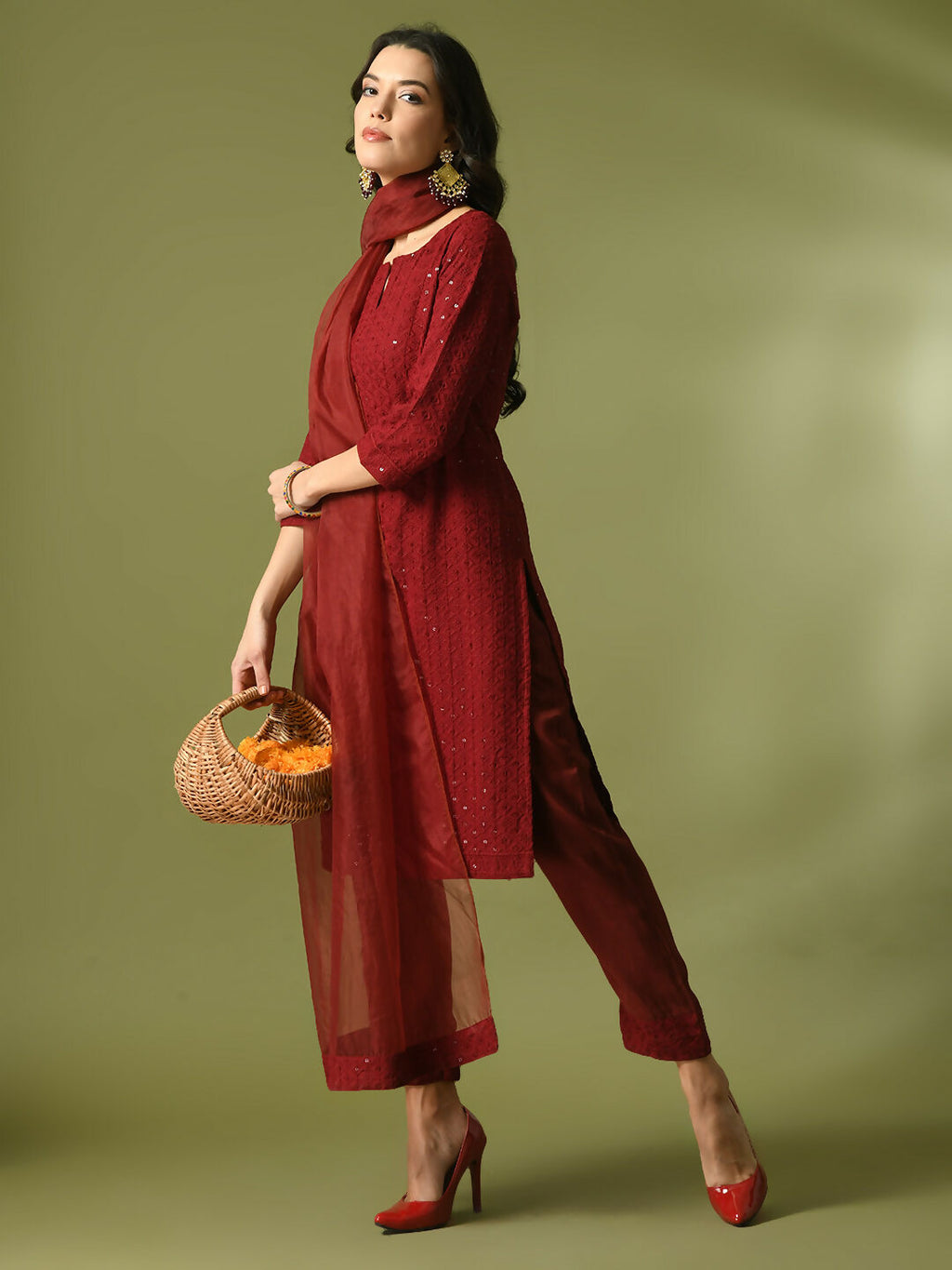 Myshka Women's Maroon Embroidered Cotton Straight Party Kurta Set With Dupatta