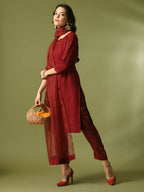 Myshka Women's Maroon Embroidered Cotton Straight Party Kurta Set With Dupatta