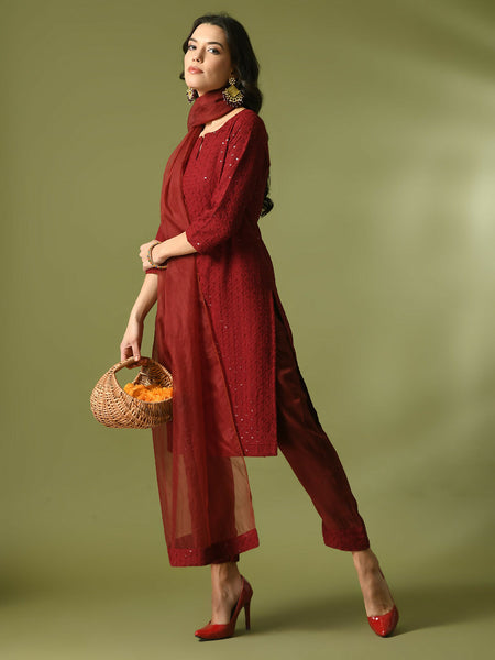 Myshka Women's Maroon Embroidered Cotton Straight Party Kurta Set With Dupatta