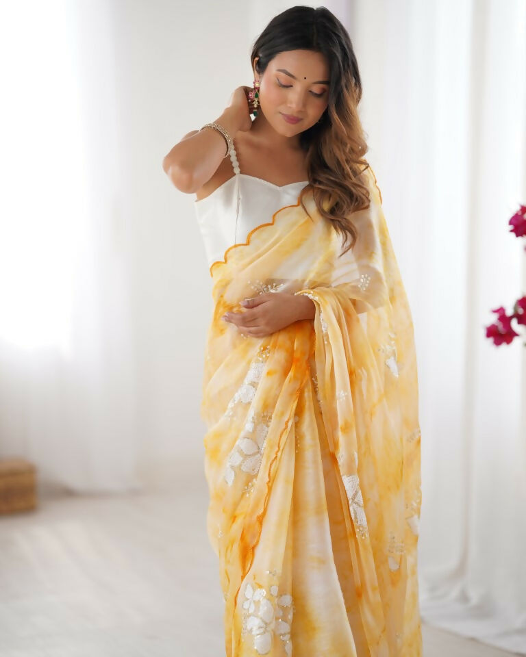 Yellow Jimmy Choo Printed, Sequence Embroidery Work Saree - Saima