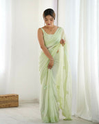 Attractive Looking Georgette Thread, Sequance Embroidery Work Party Wear Saree - Pista