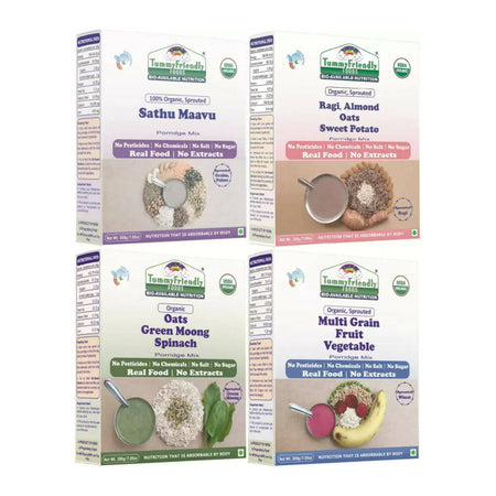 TummyFriendly Foods Organic Certified Stage3 Sprouted Porridge Mixes Combo - 4 Packs With Oats for 8 Months Old Baby