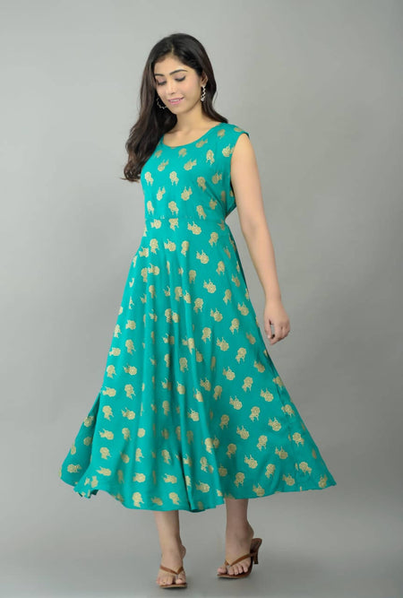 Vamika Sky Blue Rayon Gold Printed Party Wear/Casual Wear Kurti