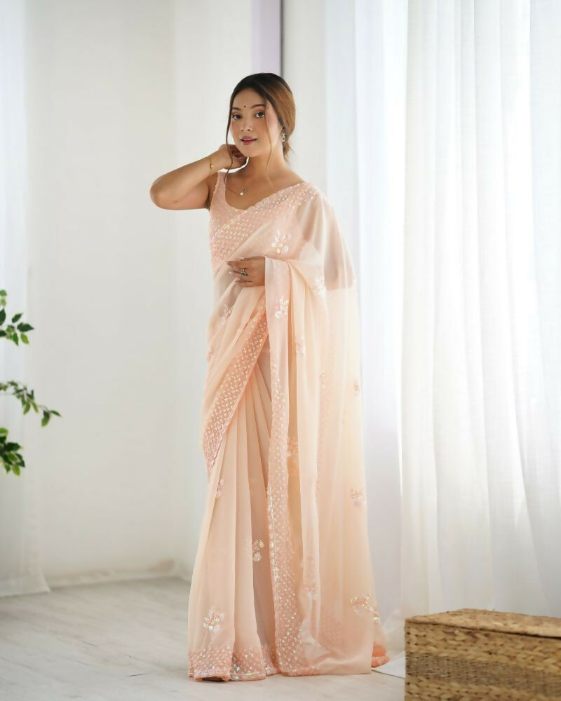 Attractive Looking Georgette Thread, Sequance Embroidery Work Party Wear Saree - Peach