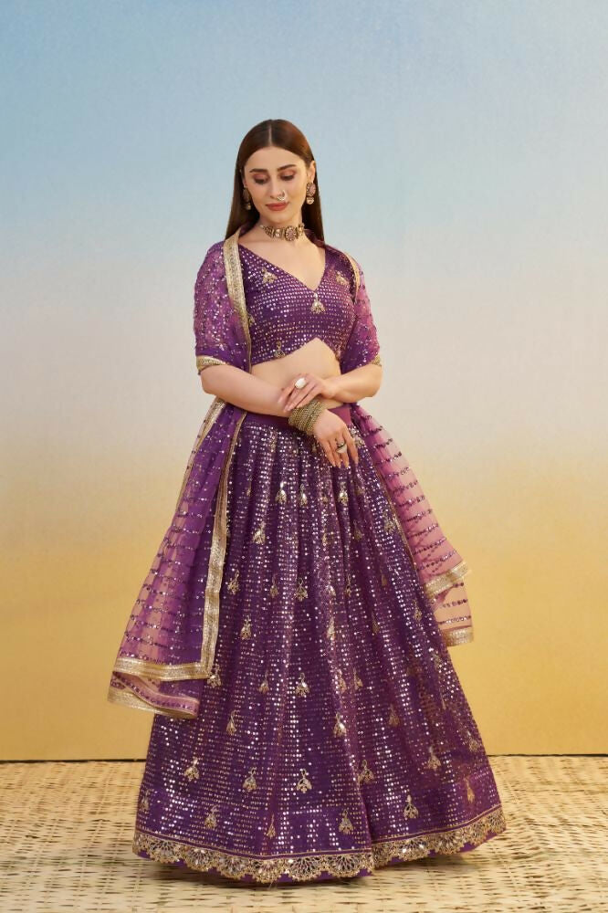 Aastha Fashion Dark Purple Butterfly Net Tone To Tone Thread Work, Sequence Work And Original Mirror Work Embroidery Wedding Wear Lehenga Choli