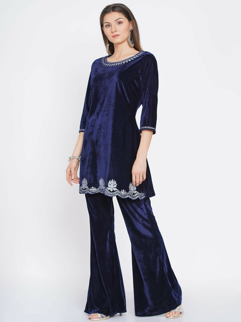 Women Republic Navy Blue Velvet Embroidered Kurta With Bellbottom Pants - Distacart