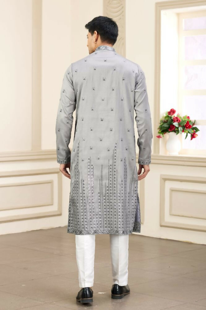 Raivat Ethnic Art Silk Thread Work Kurta Pajama In Grey Colour