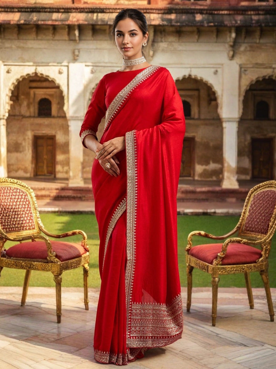 Lorenvalley Fashion Red Vichitra Silk with Sequence coding Work Saree with Blouse - Distacart
