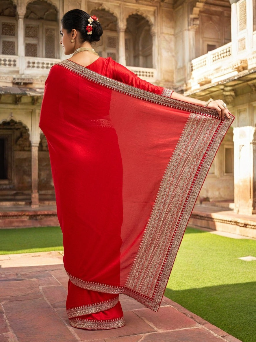 Lorenvalley Fashion Red Vichitra Silk with Sequence coding Work Saree with Blouse - Distacart