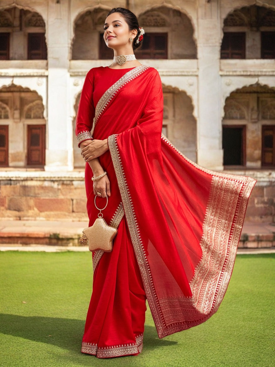 Lorenvalley Fashion Red Vichitra Silk with Sequence coding Work Saree with Blouse - Distacart
