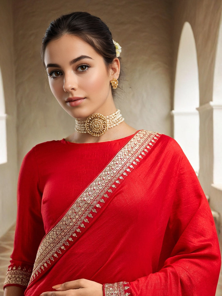 Lorenvalley Fashion Red Vichitra Silk with Sequence coding Work Saree with Blouse - Distacart