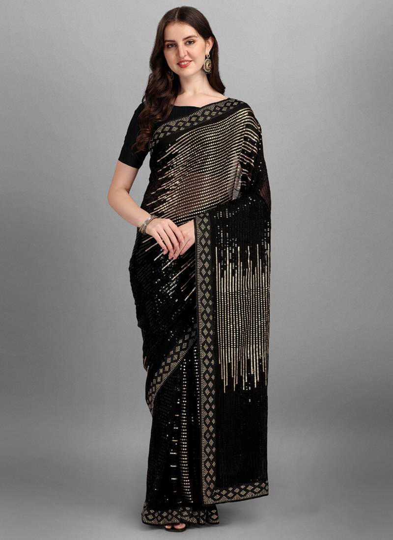 Vegaa Fashion Gold Heavy Georgette Sequence Embroidery Saree - Distacart