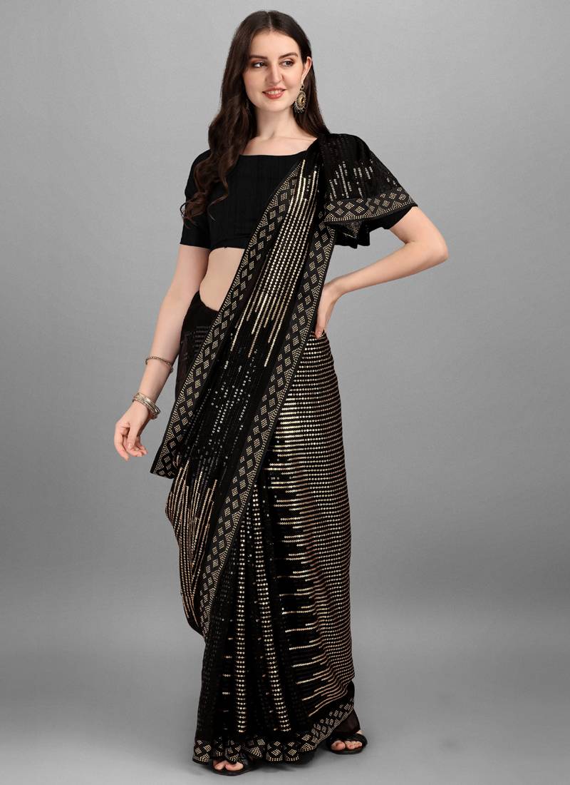 Vegaa Fashion Gold Heavy Georgette Sequence Embroidery Saree - Distacart