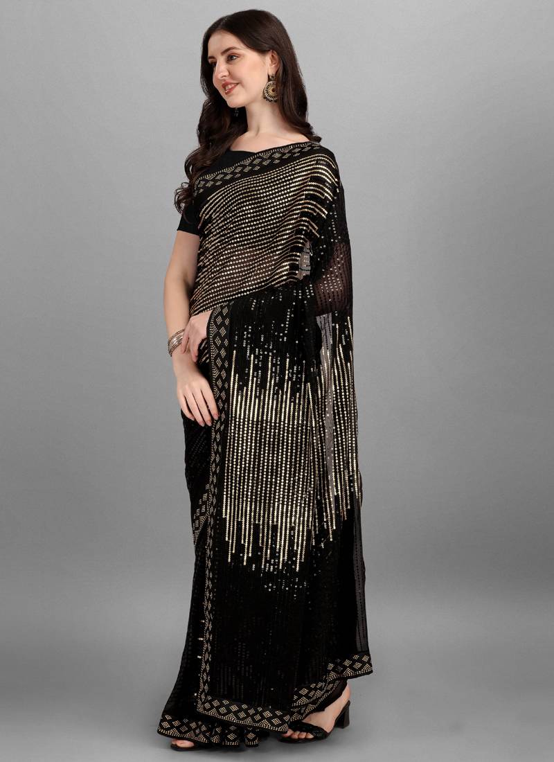 Vegaa Fashion Gold Heavy Georgette Sequence Embroidery Saree - Distacart
