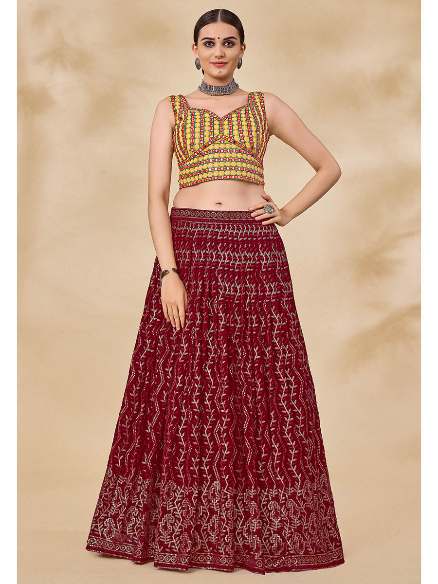 Myra Maroon Georgette Embroidered Designer Lehenga