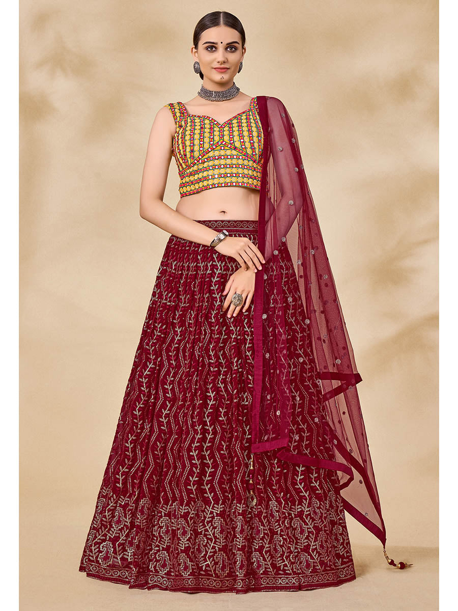 Myra Maroon Georgette Embroidered Designer Lehenga