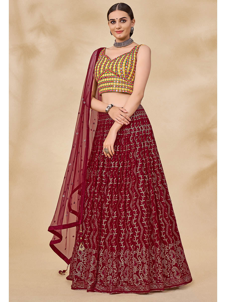 Myra Maroon Georgette Embroidered Designer Lehenga