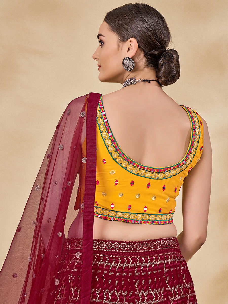 Myra Maroon Georgette Embroidered Designer Lehenga