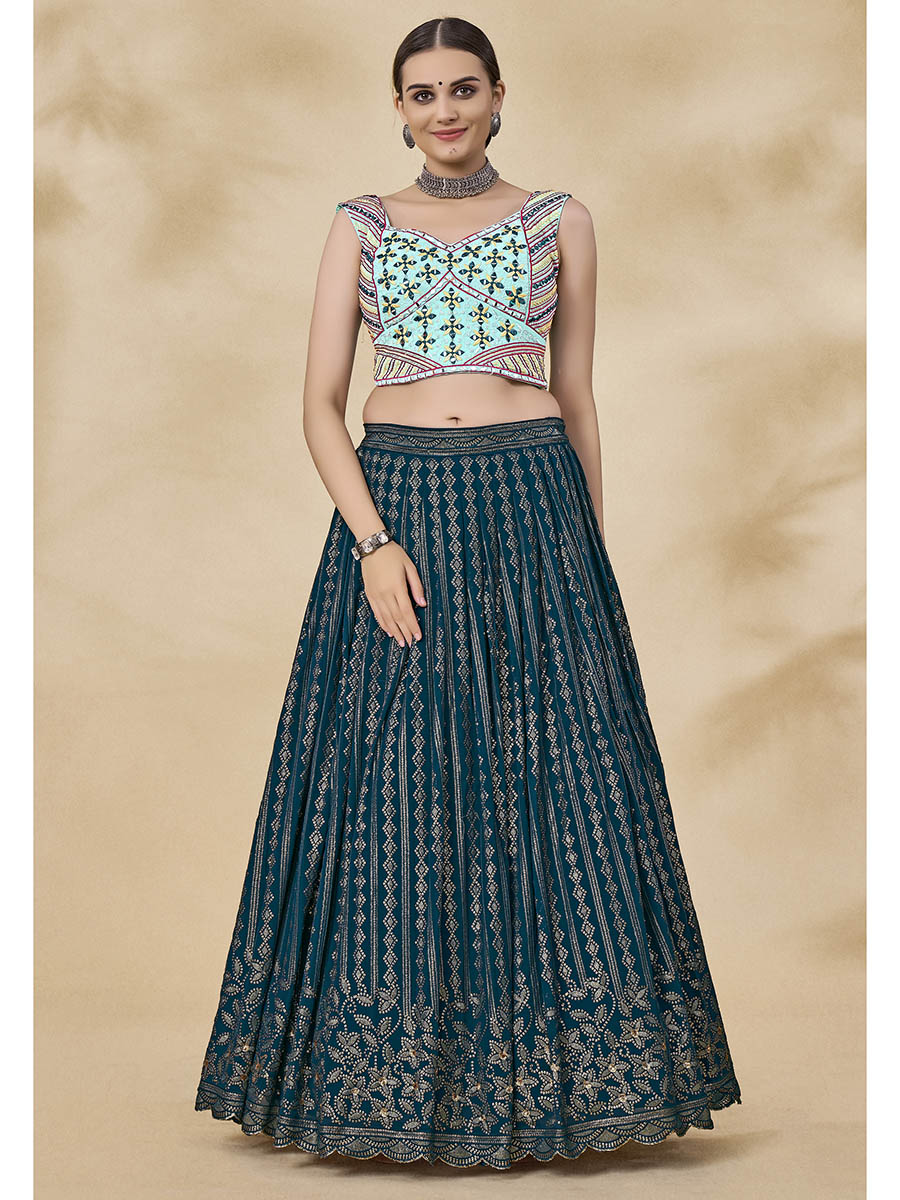 Myra Teal Green Georgette Embroidered Designer Lehenga