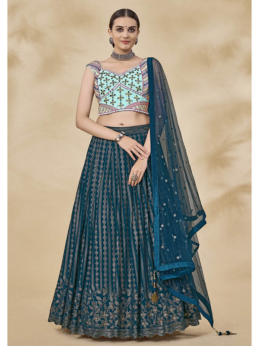 Myra Teal Green Georgette Embroidered Designer Lehenga