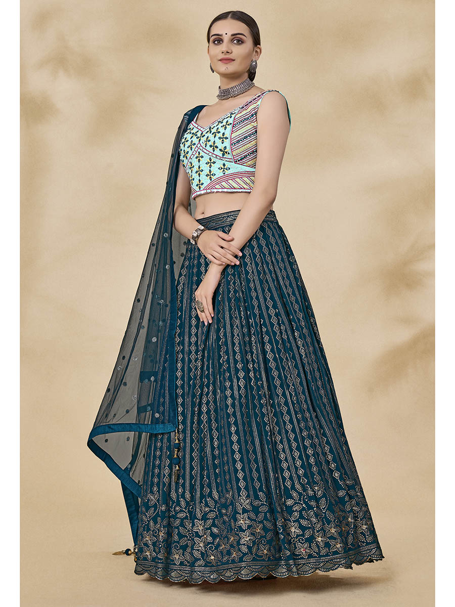 Myra Teal Green Georgette Embroidered Designer Lehenga