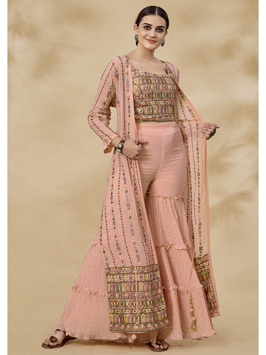 Myra Peach Gorgette Jacket Style Suit