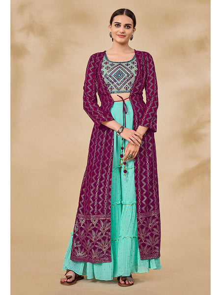 Myra Wine Jacket Style Sharara Suit