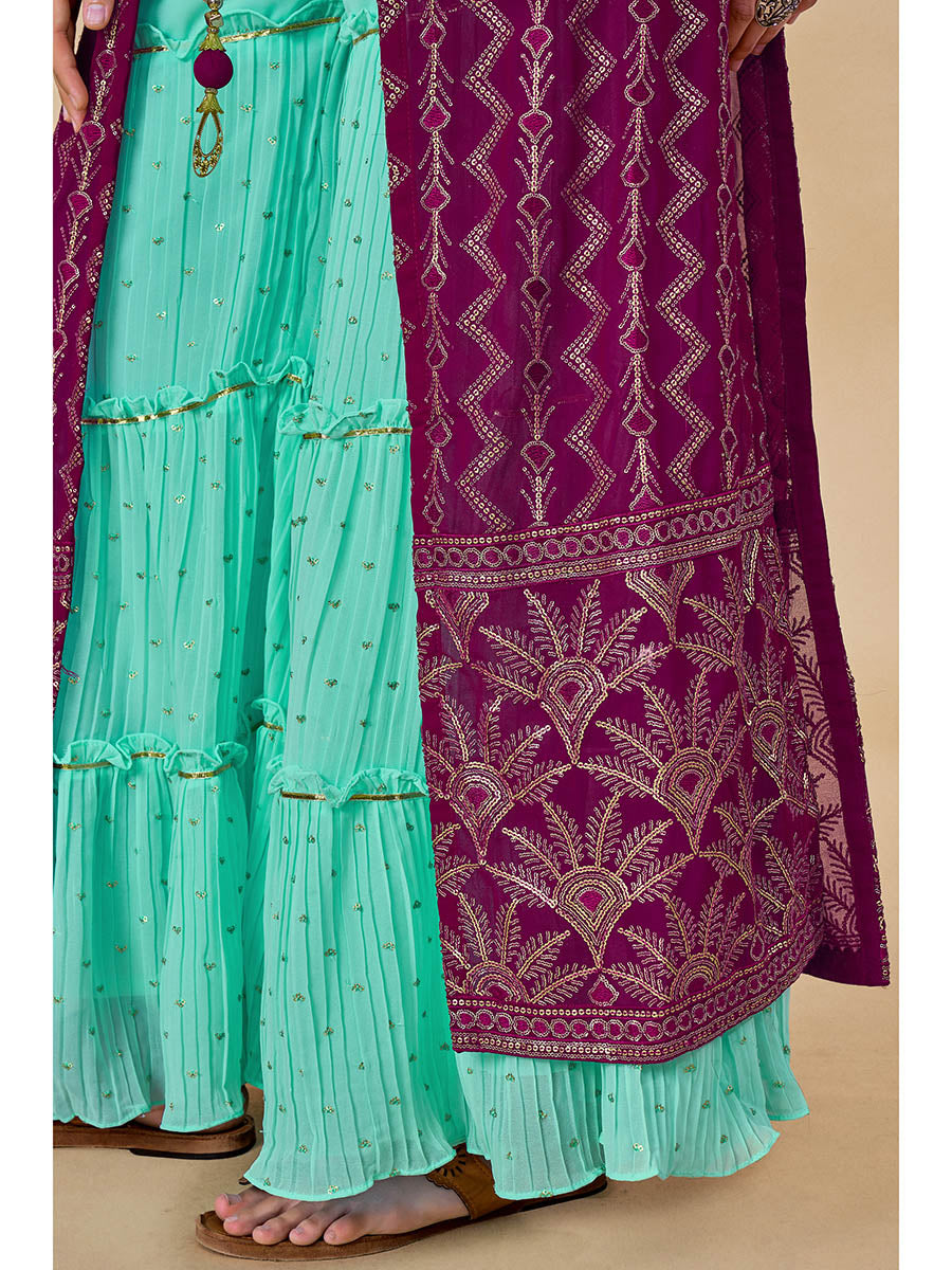 Myra Wine Jacket Style Sharara Suit