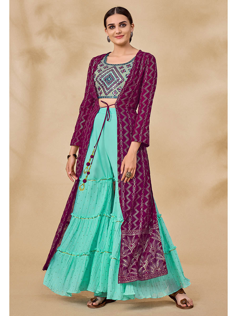 Myra Wine Jacket Style Sharara Suit