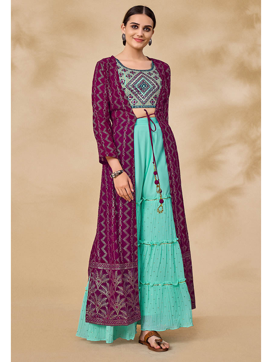 Myra Wine Jacket Style Sharara Suit