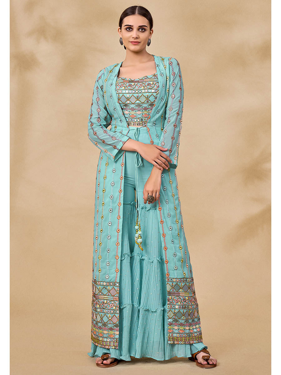 Myra Sky Blue Gorgette Jacket Style Suit
