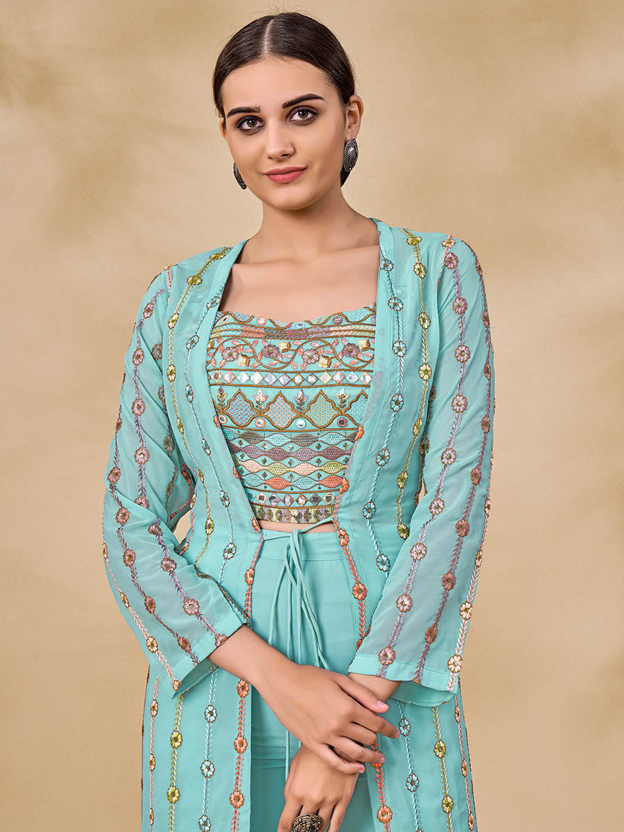 Myra Sky Blue Gorgette Jacket Style Suit