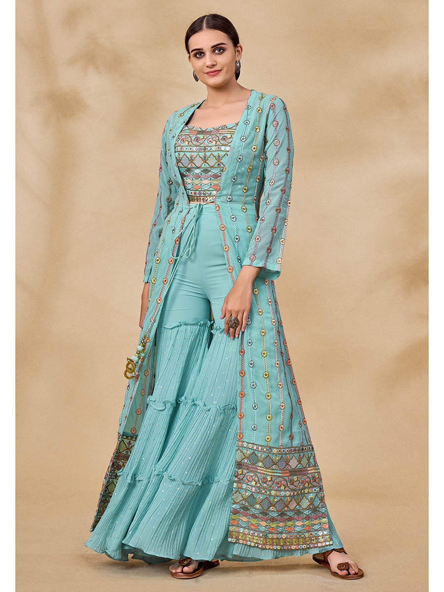Myra Sky Blue Gorgette Jacket Style Suit
