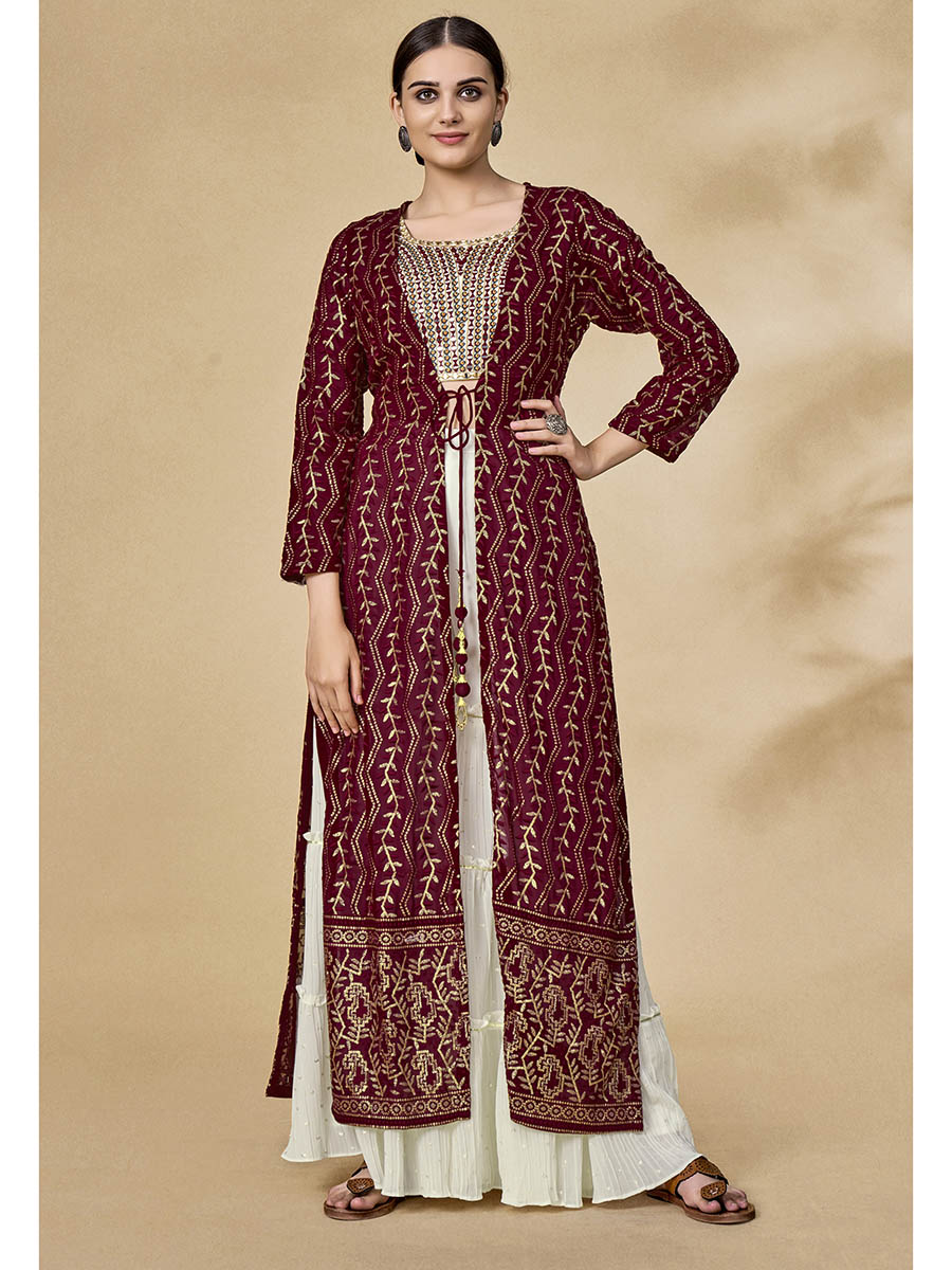 Myra Maroon Jacket Style Sharara Suit