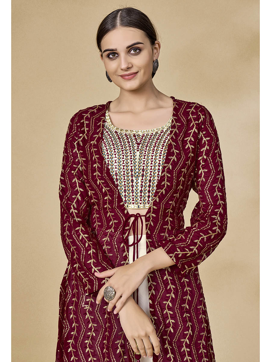 Myra Maroon Jacket Style Sharara Suit