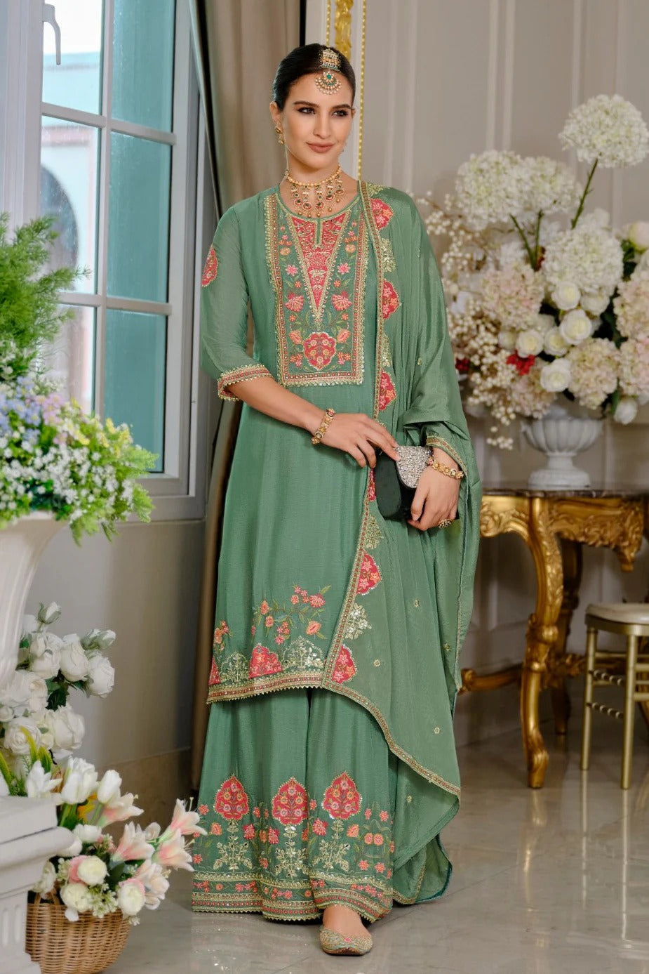 Evanik Luxury Wedding Sea Green Embroidered Kurta Palazzo Set - Distacart