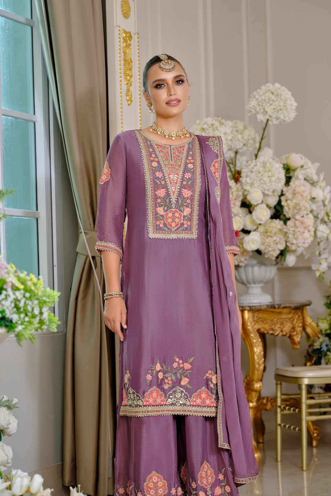 Evanik Luxury Wedding Lavender Embroidered Kurta Palazzo Set - Distacart