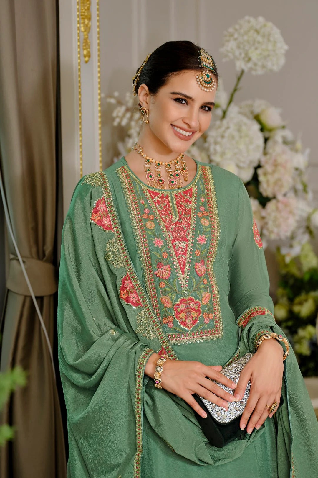 Evanik Luxury Wedding Sea Green Embroidered Kurta Palazzo Set - Distacart