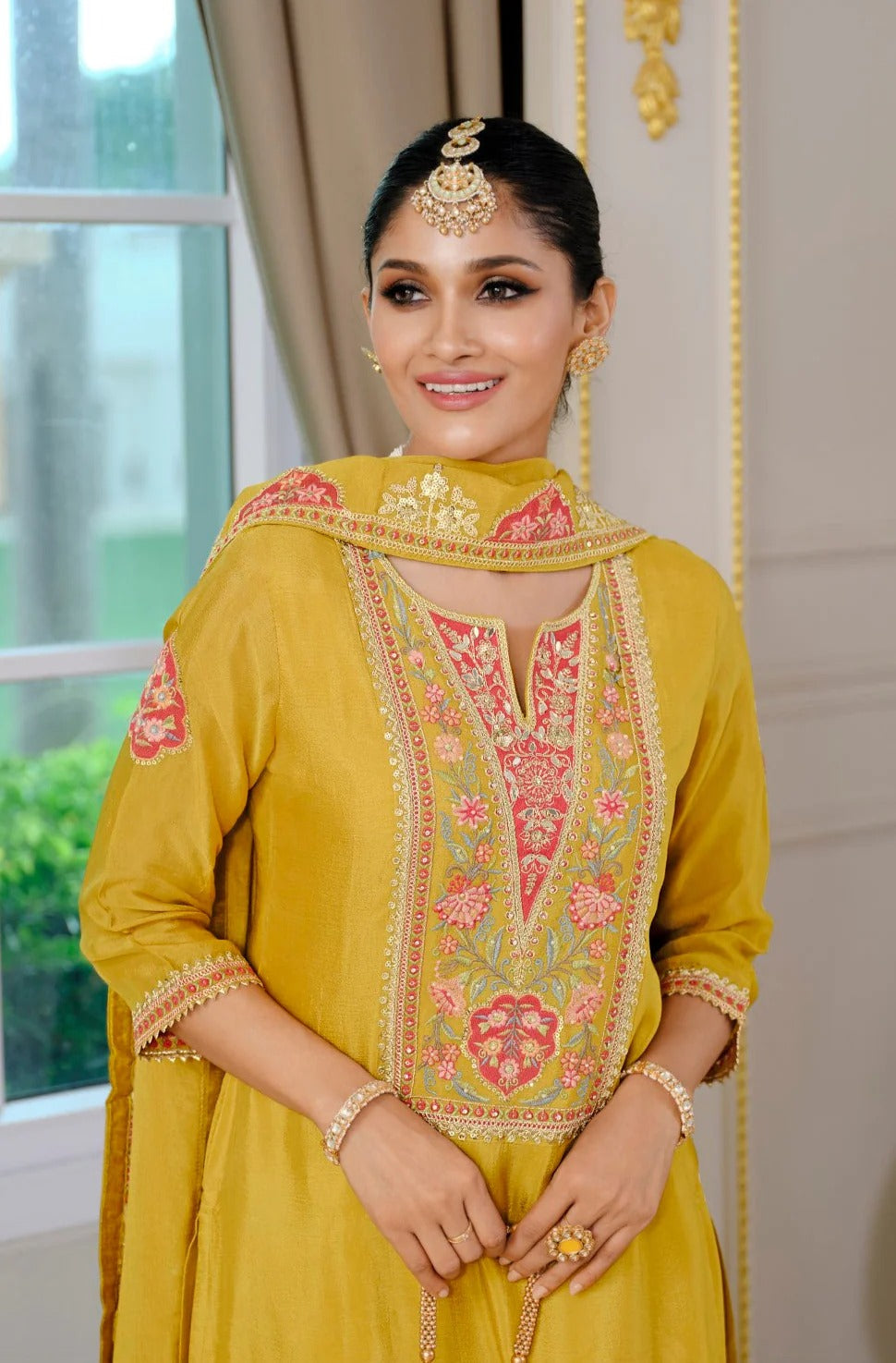 Evanik Luxury Wedding Yellow Embroidered Kurta Palazzo Set - Distacart