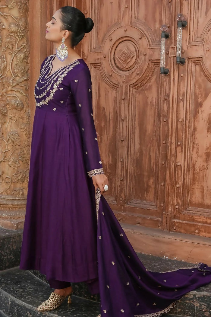 The52 Wine Women's Gorgeous Vichitra Silk Fabric Embroidered Work Flared Anarkali Pant and Dupatta Set - Distacart