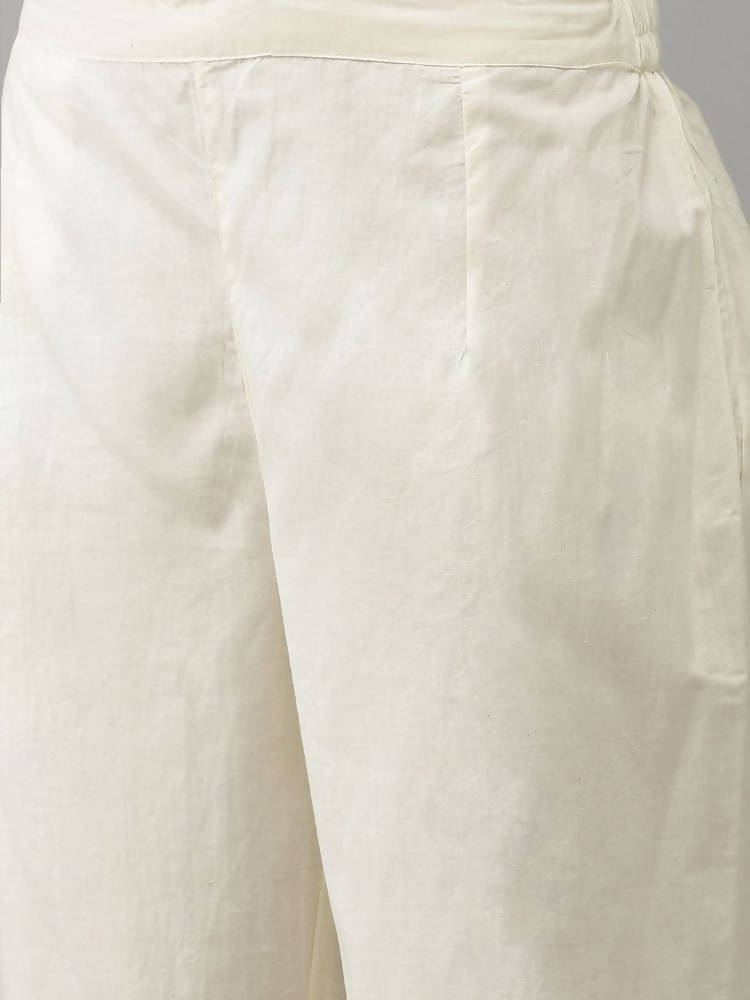 Yufta Women Cream-Embroidered Pure Cotton A-line Kurta with Trouser and Dupatta