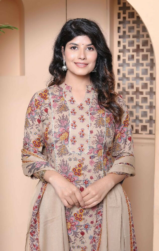 Miravan Womens Multicolor Floral Printed Pure Cotton Kurta And Palazzo With Dupatta Set - Distacart